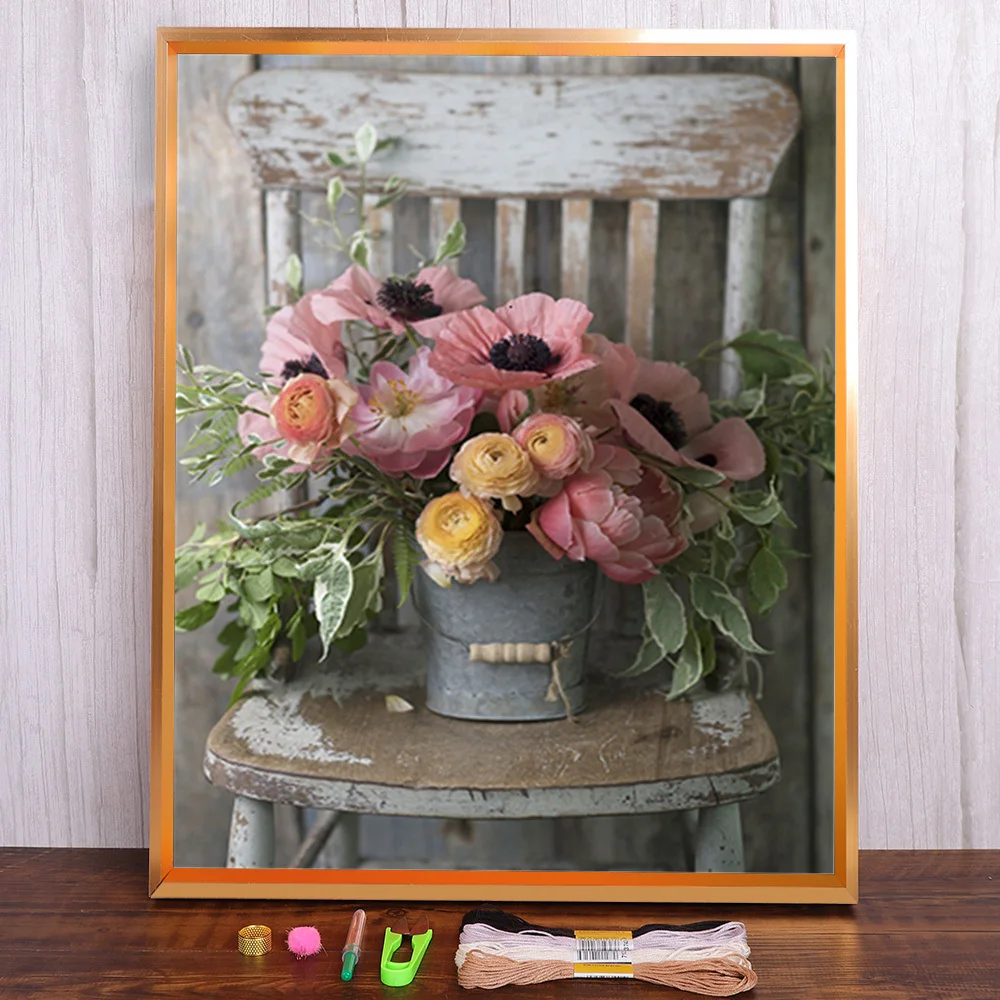 

Flower Vase Printed Water-Soluble Canvas 11CT Cross Stitch Embroidery Patterns DMC Threads Painting Handicraft Decor