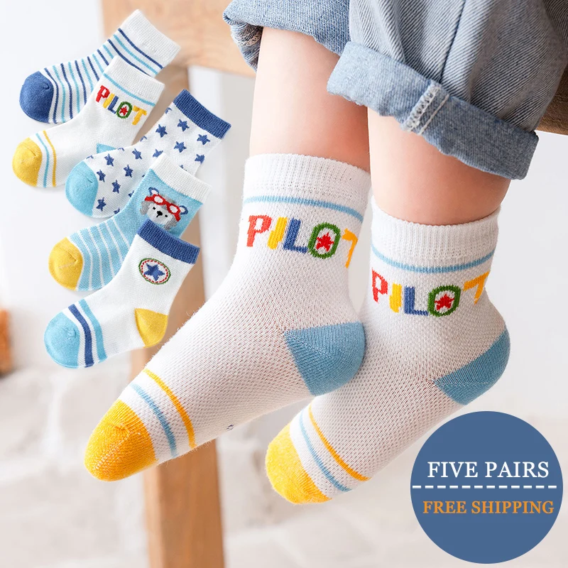 Calcetines de algod&oacute;n para beb&eacute;, medias finas de tubo medio, transpirables, de malla, accesorios de ropa, 5 par/lote-1