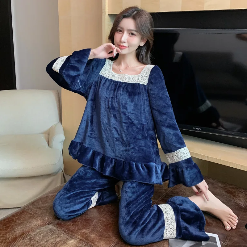 

Autumn and Winter Flannel Pajamas Female Princess Style Thick Lace Cardigan Long-Sleeved Coral Fleece Home Service Pajamas Set