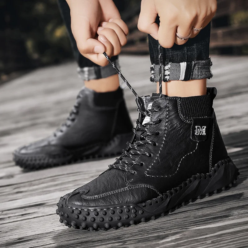 

Men Boots High Quality Leather Winter Boos lace-up Snow Boots Thick Plush Men Winter Shoes non-slip high-top Men Martin Boots