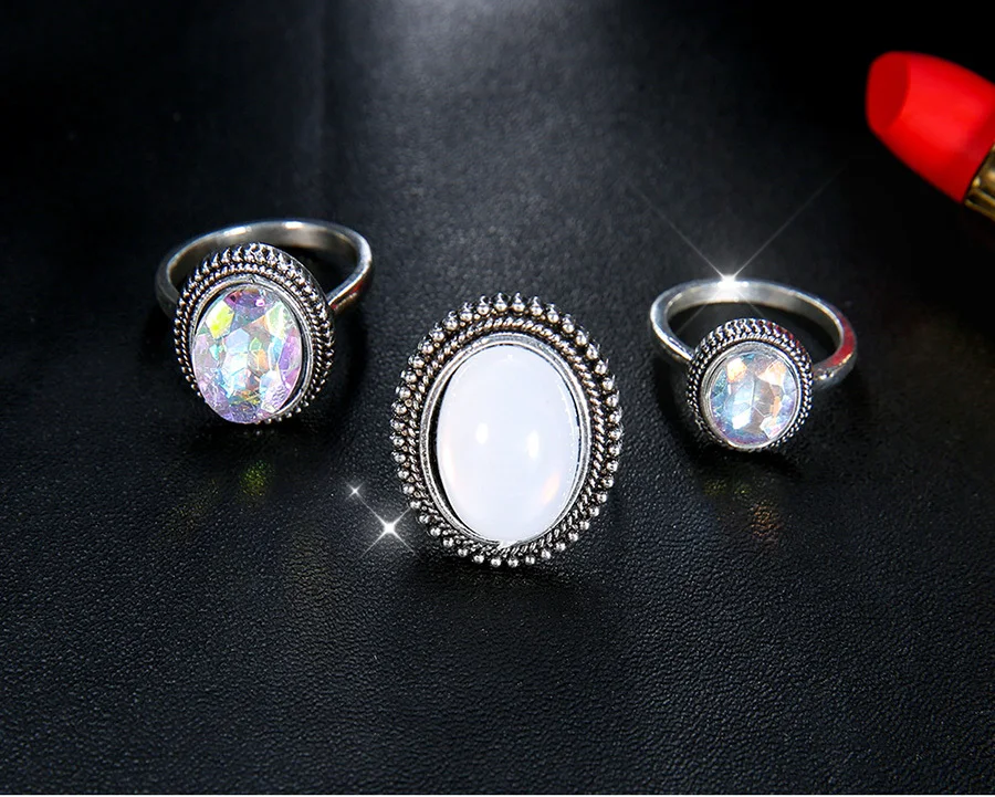 RAVIMOUR 3 шт./компл. панк кольца для Для женщин Женский Vintage Opal резиновый Свадебный Тарельчатая комплект Модные украшения Аксессуары