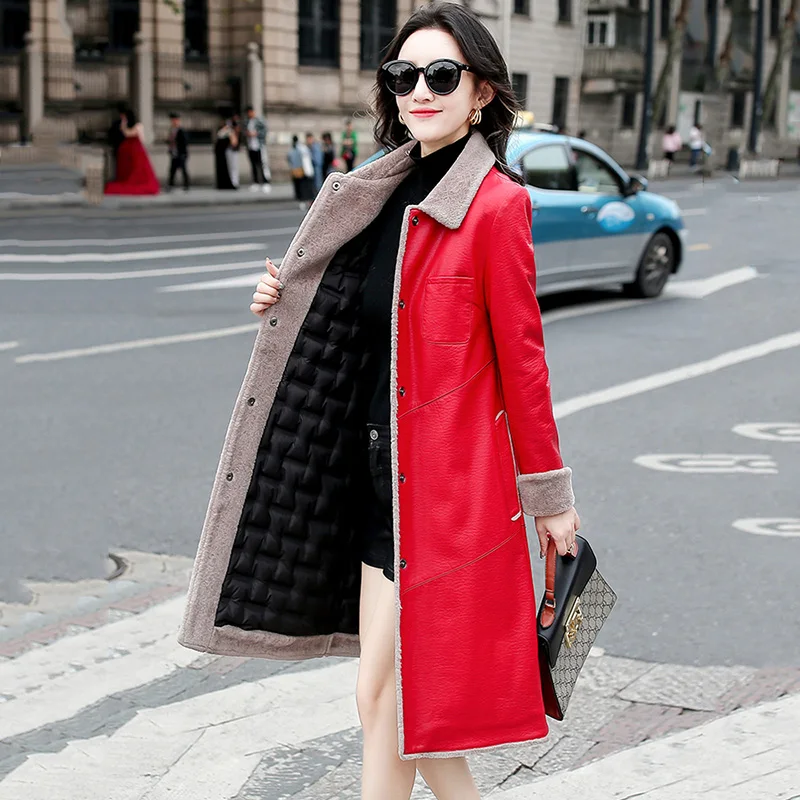 New Women Leather Coat Autumn Winter 2022 Real Fox Fur Collar Double-faced Fur Down Liner Sheepskin Coat Thick Leather Jacket