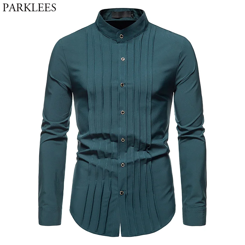 

2021 Brand New Mens Tuxedo Dress Shirts Long Sleeve Pleated Shirt Men Wedding Groom Party Banquet Shirt Male Chemise Homme 2XL