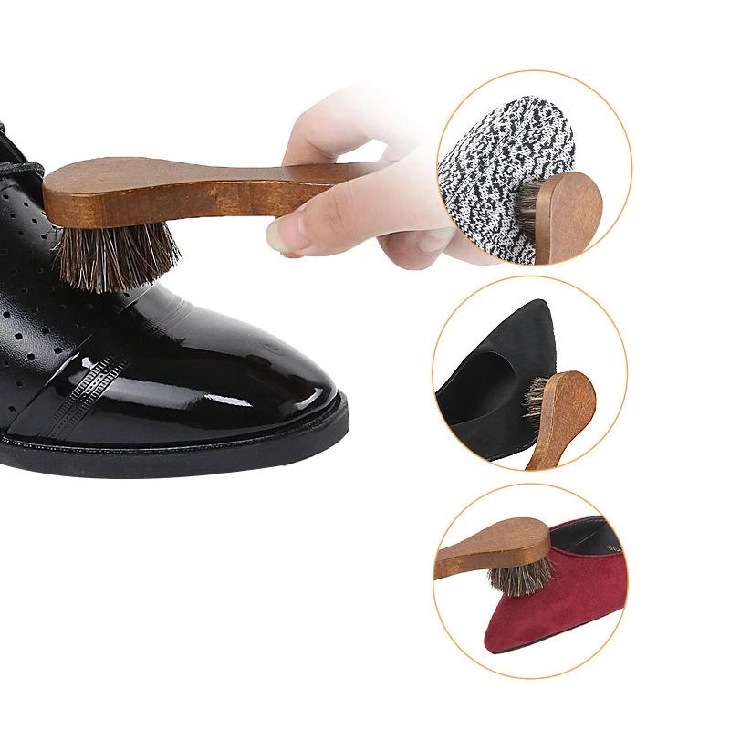 

3 Brown Beech Wood Handle Horsehair Smooth Leather Shoes Special Cleaning Brushes