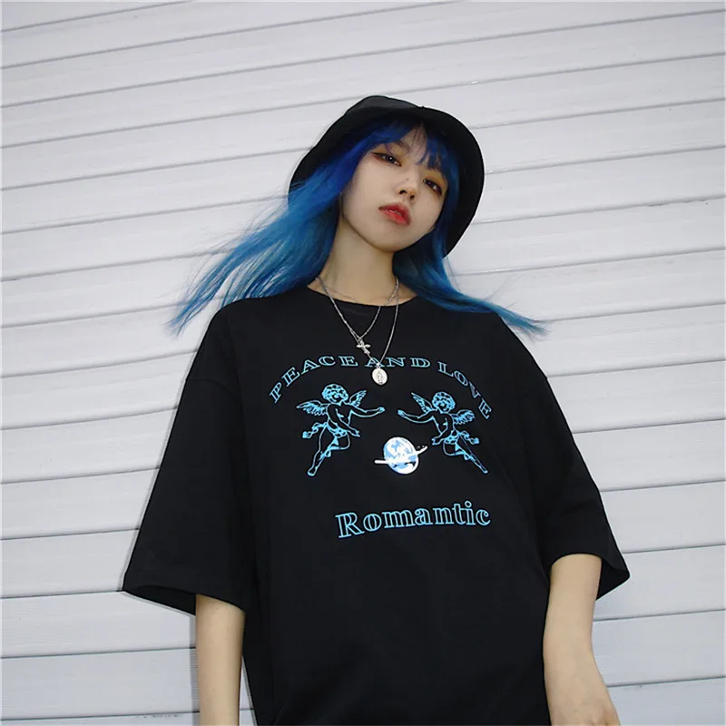 Lychee Harajuku, женские футболки с круглым вырезом и коротким рукавом, черная Свободная Женская летняя футболка с надписью Angel, женская футболка