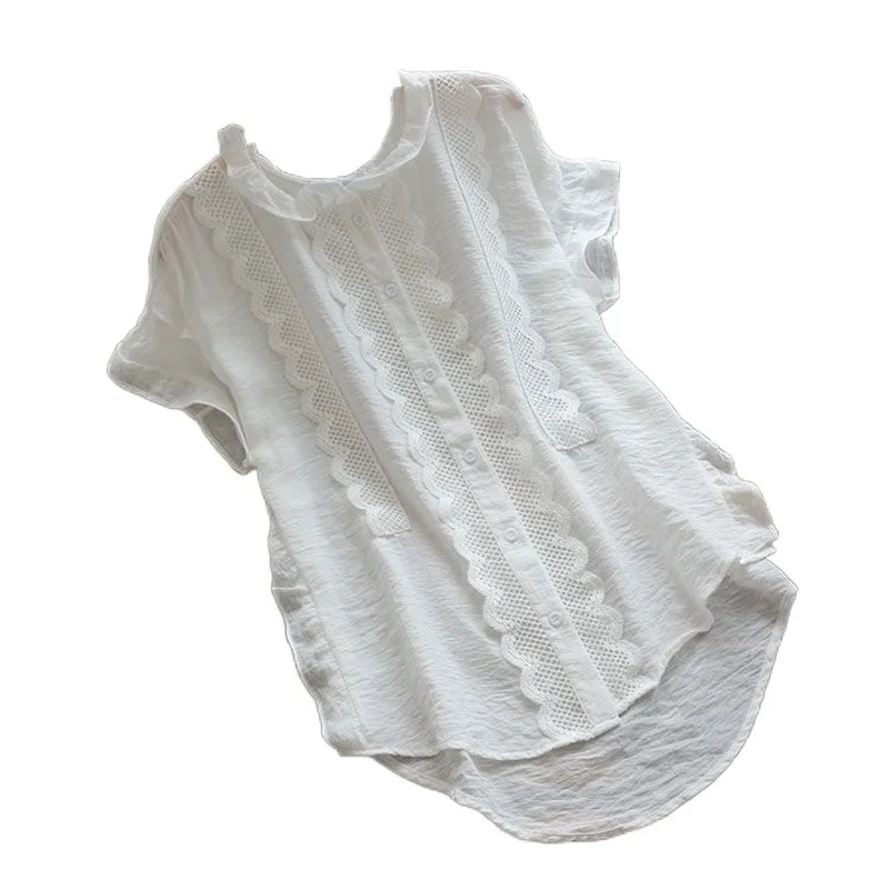 

2021 Summer Women Blouse Plus Size Tops Vintage Short Sleeve Lace O-Neck Button Shirt Top Office Work Shirts Femme Y994