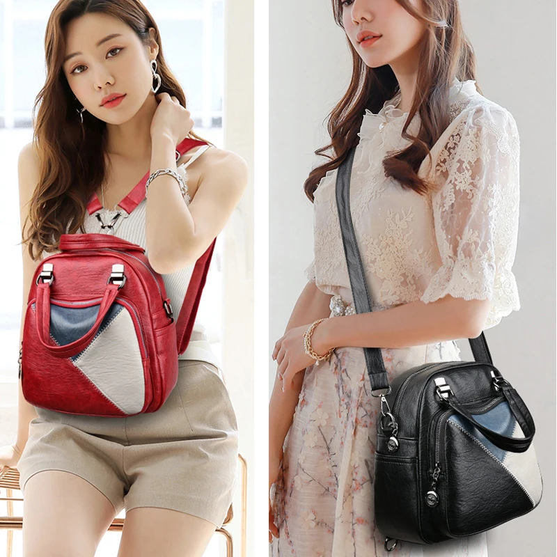 

Multifunction Women Backpack Leather Bags Small Bolsos Para Mujer Mochila Travel Panelled Backpacks Crossbody Leisure Hand Bag