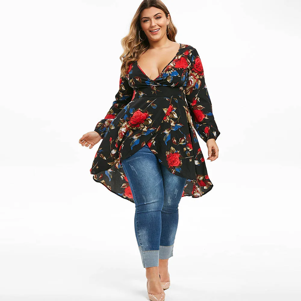 ROSEGAL Plus Size Surplice Flower Print Asymmetric Long Sleeve Blouse Plunging Neck Women Sexy HIgh Waist Vintage Shirts 2019 | Женская
