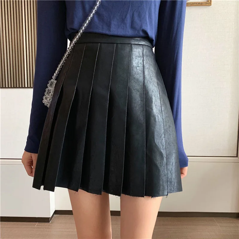 Черная полиуретановая юбка Jupe Pliss Femme Hiver 2019 Высокая Уличная Повседневная мини