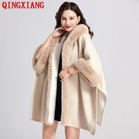 3 colors women granular loose poncho winter thick outstreet wear velvet capes faux fur collar bat sleeves long coat with hat