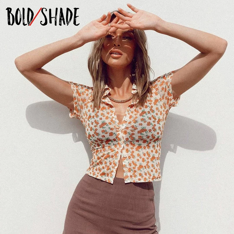 

Bold Shade Vintage Fashion Streewear 90s Shirts Short Sleeve Litttle Floral Print Button Slim Cropped Tops Women Summer Shirts