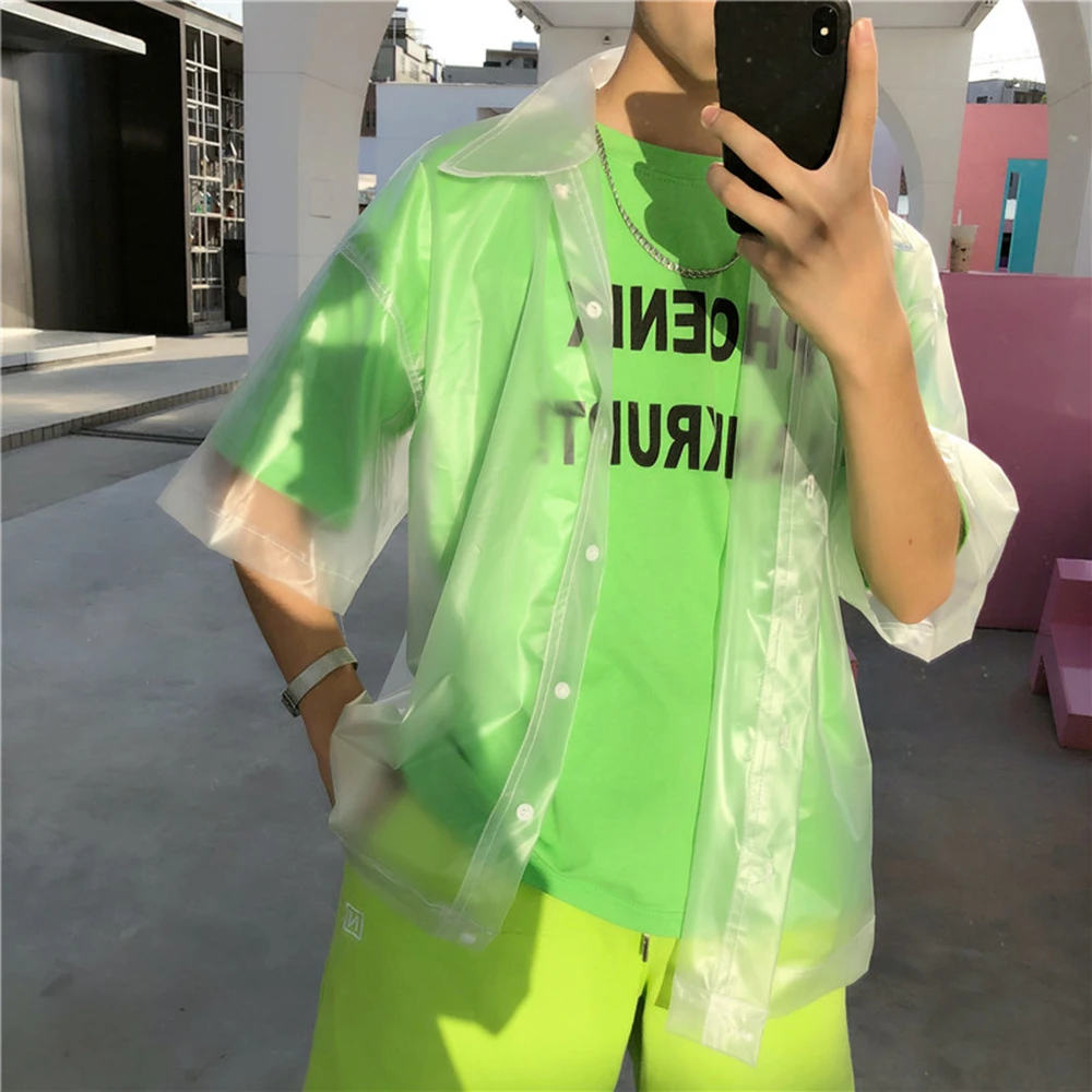 Fashion Men Shirt See Through Short Sleeve 2021 Streetwear Button Nightclub Party Shirts Men Lapel Sexy Tops Oversize Casual