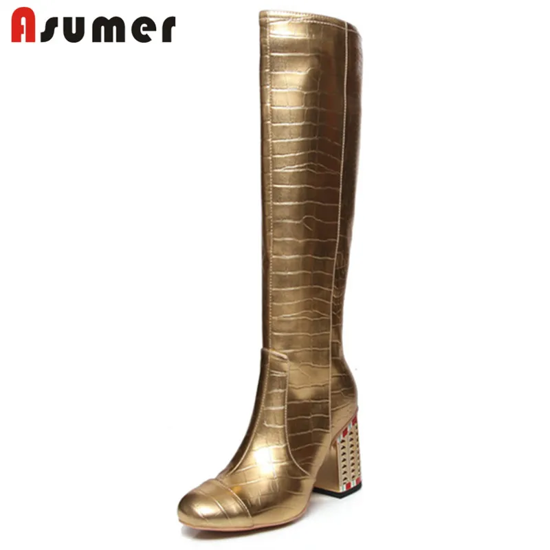 Женские сапоги до колена ASUMER Коричневые Высокие из натуральной кожи на высоком
