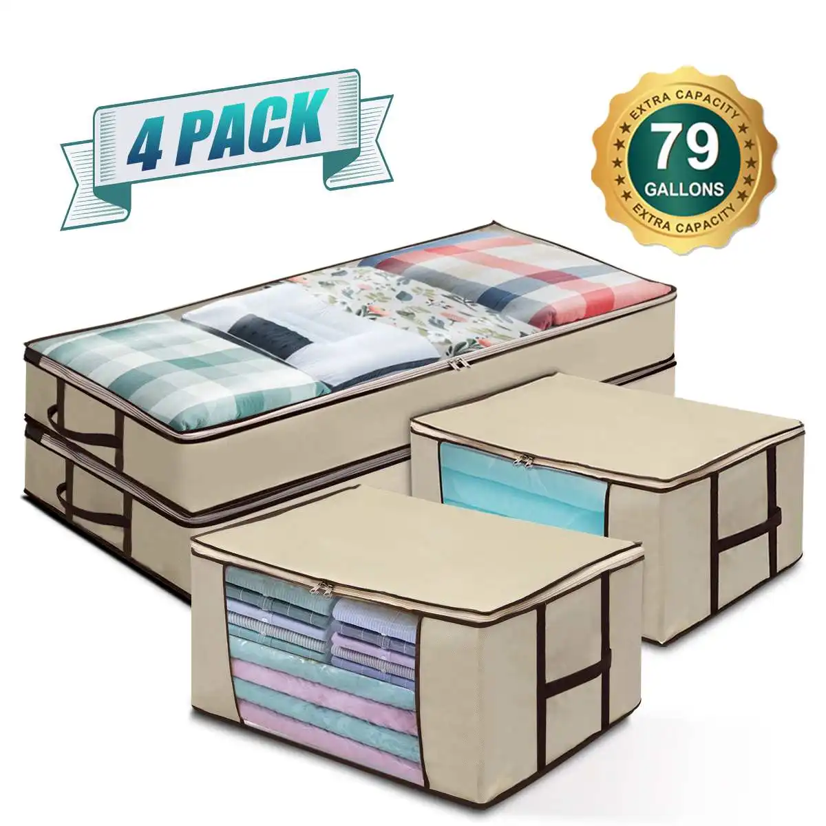 

4PCS/set Large Capacity Clothes Storage Bag Foldable Non-Woven Under The Bed Storage Bag Reinforced Handle Waterproof Dust Cover