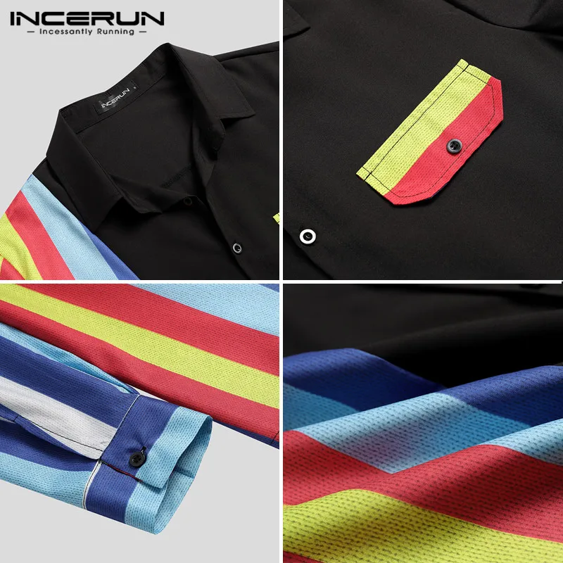

Leisure Patchwork Button Blusa Streetwear INCERUN Vintage Colorful Striped Shirts Men Long Sleeve Turn Down Collar Camisa S-3XL