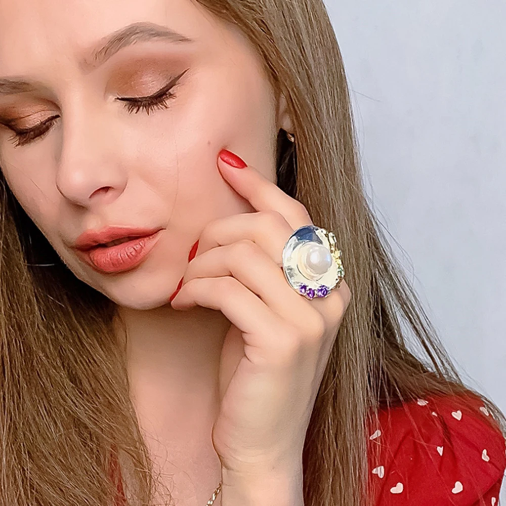 Лучший подарок большой круглый лист дизайн кольцо 14 мм белый жемчуг/фиолетовый CZ