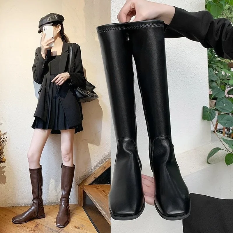 

Женские сапоги В рыцарском стиле, черные или коричневые сапоги до колена на квадратном каблуке, мотоциклетные сапоги в стиле ретро, европей...