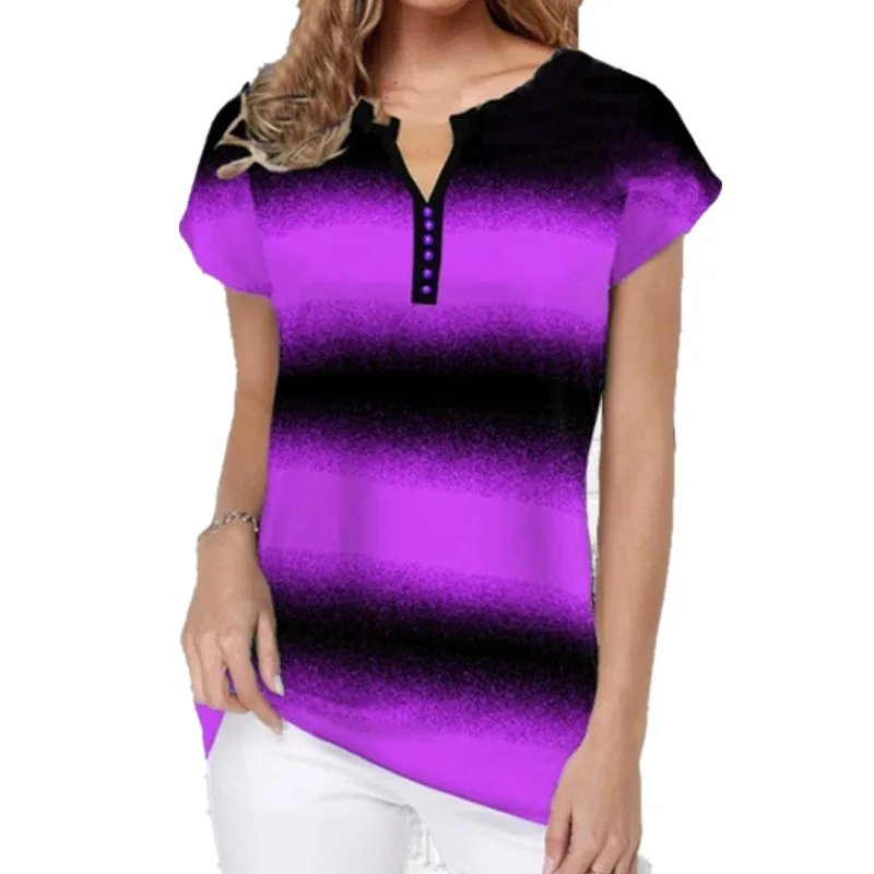 

2021 Women Gradient Striped Blouse Fashioin Summer Shirt Casual Short Sleeve Button V-Neck Lady Shirts Plus Size 5XL Top Blouses