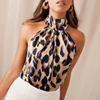 Женские летние топы без рукавов с высоким воротником, привлекательная Тонкая блузка с открытой спиной и леопардовым принтом, рубашка с лямкой на шее