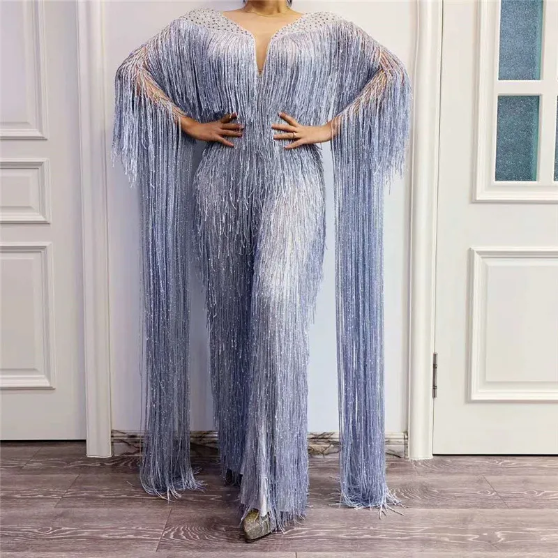 

R3 Singer stage dance costume long tassels sleeve women performance dress elastic rhinestones jumpsuit sequin outfit party wears