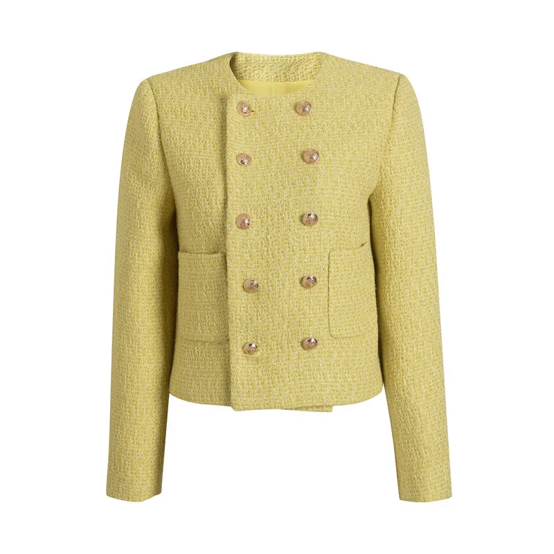Женская твидовая куртка с круглым вырезом элегантная двубортная для ранней