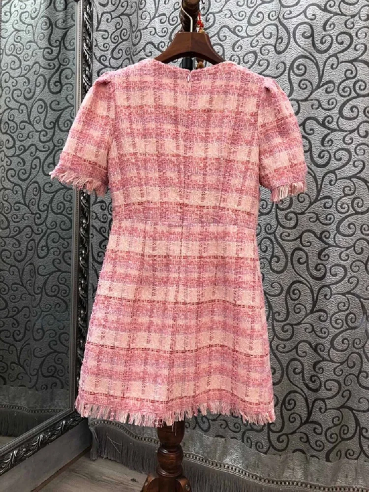 

2020 Autumn Fashion Dress High Quality Ladies Turn-down Collar Geometric Patterns Print Short Sleeve Sweet Pink Dress Above Knee