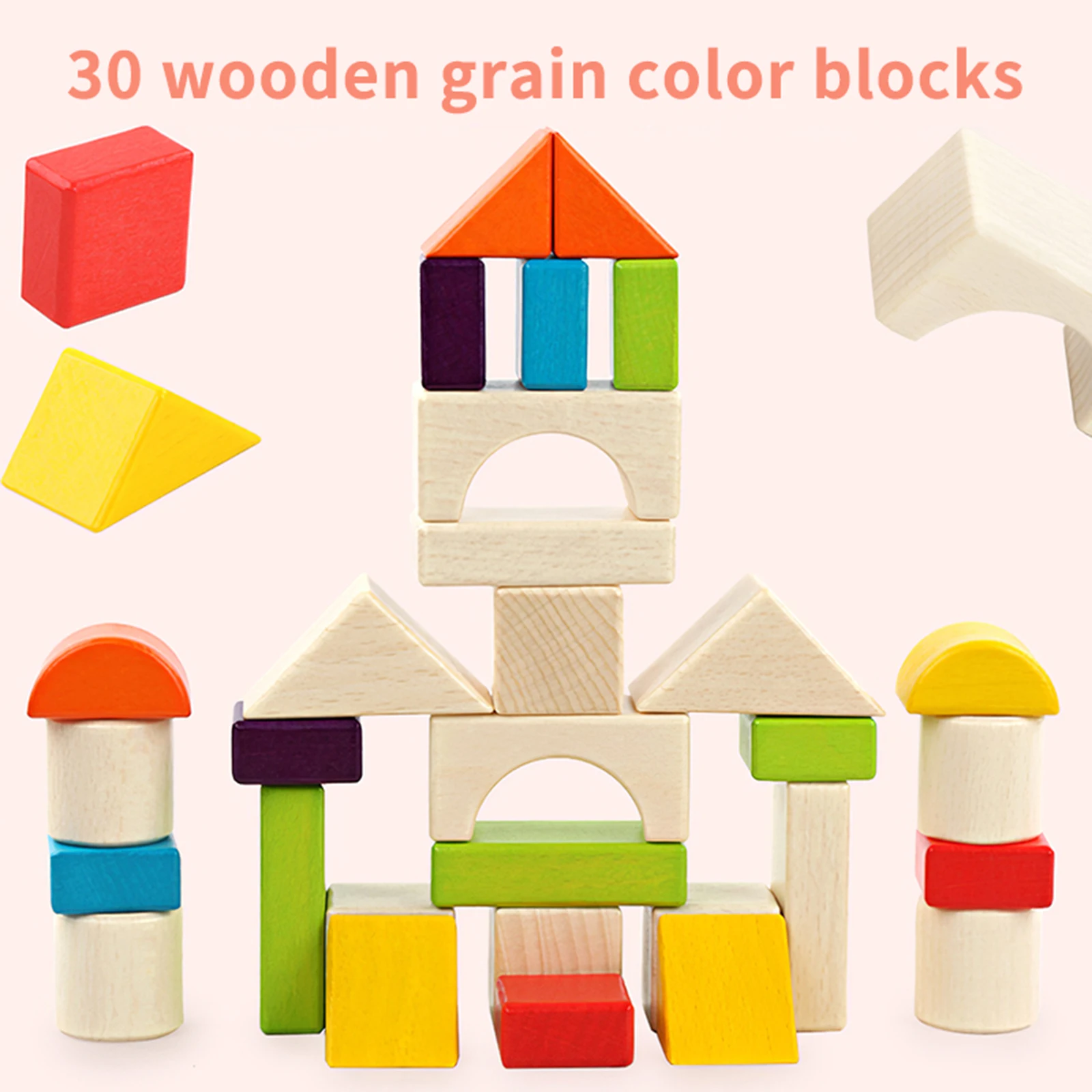 

30Pcs Natural Wooden Colorful Building Blocks Educational Montessori Toys Stable Building Set Toys for Toddlers Kids Boys Girls