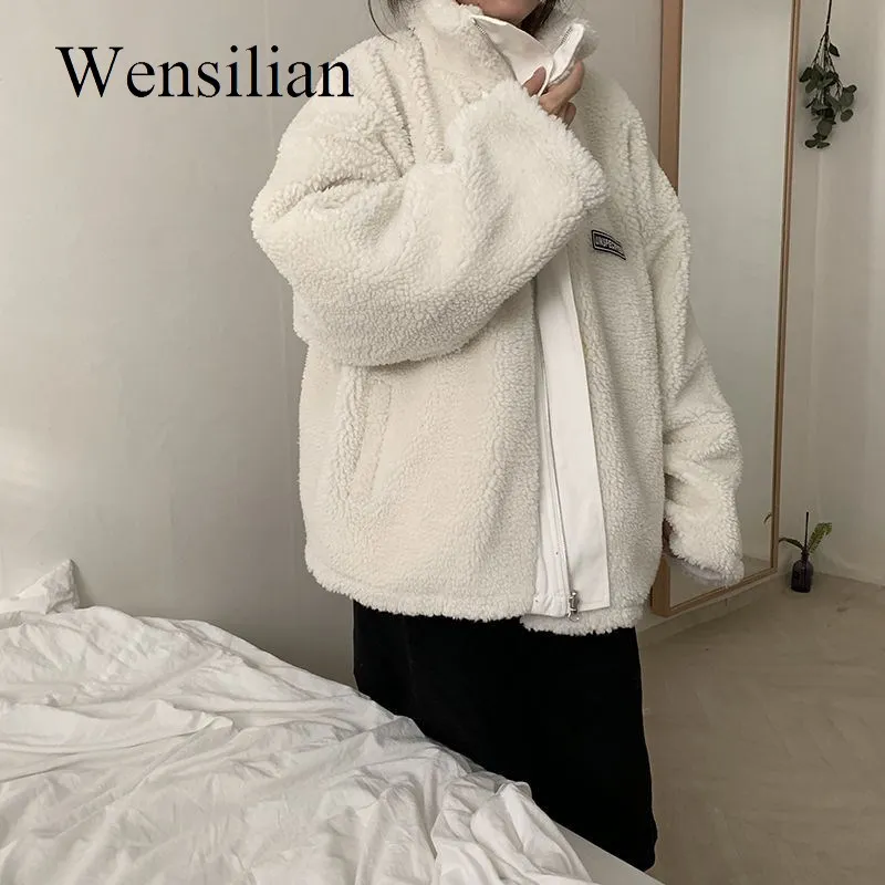 

Reversible Winter Jacket Women Fur Plush Windproof Both Sides Wear Parkas Ladies Oversize Coat White Outwear jaqueta feminina