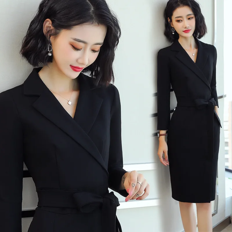 Черное женское платье с длинным рукавом Новинка весна-осень 2021 профессиональное