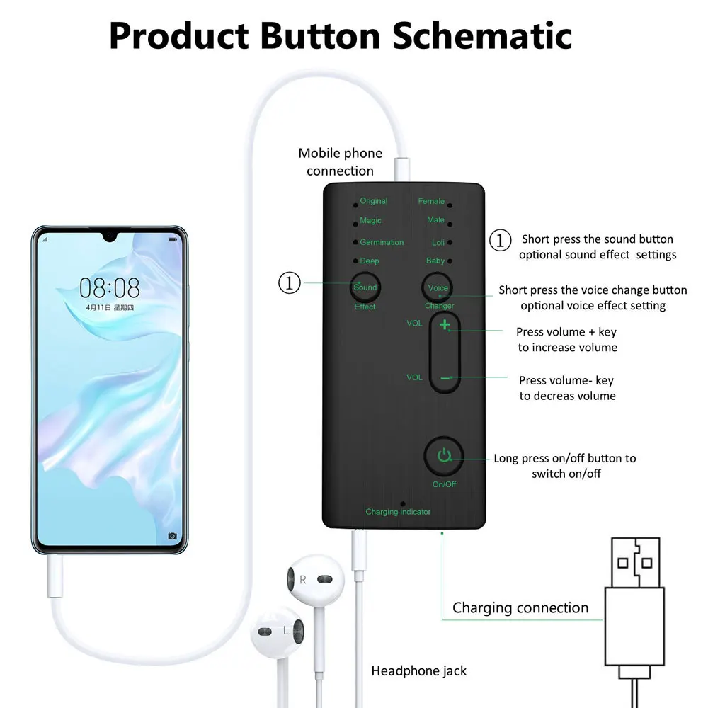 

Mini Microphone Voice Changer 7 Sound Changeing Modes Headphones Microphone for Phone Voice Changer Adapter for PUBG Gaming