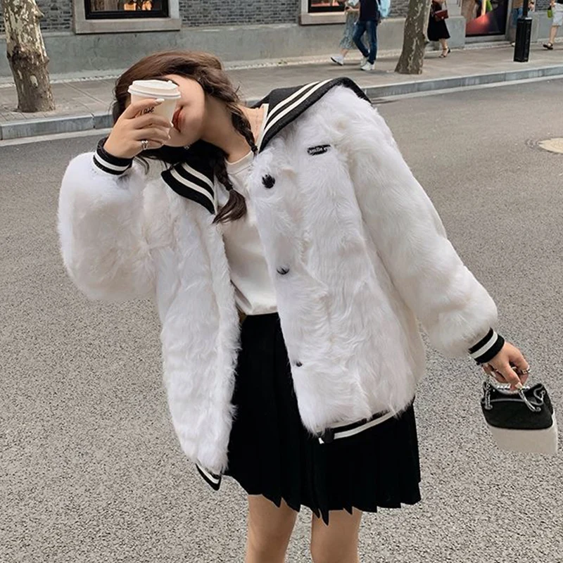 

Women's jacket Navy collar button imitation fur winter warm coat aesthetics Harajuku Preppy style sweet cute girl down jacket