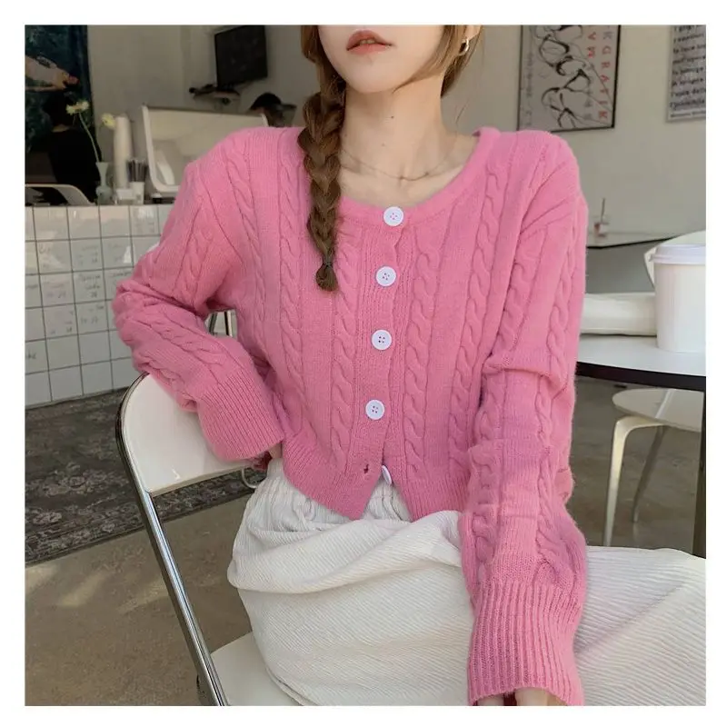 

Fad Retro Knitted Twist Sweater Cardigan Women Autumn Winter Buttons Casual Exposed Navel Short Knitwear O-Neck Jumper Tops