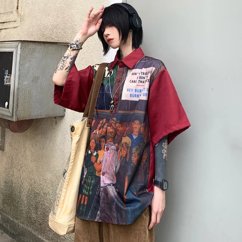 

Summer Shirt Women Oversize Shirt Hip Hop Style Vintage Loose Short Sleeve Blouse Cartoon Oil Painting Print Harajuku Man Shirts