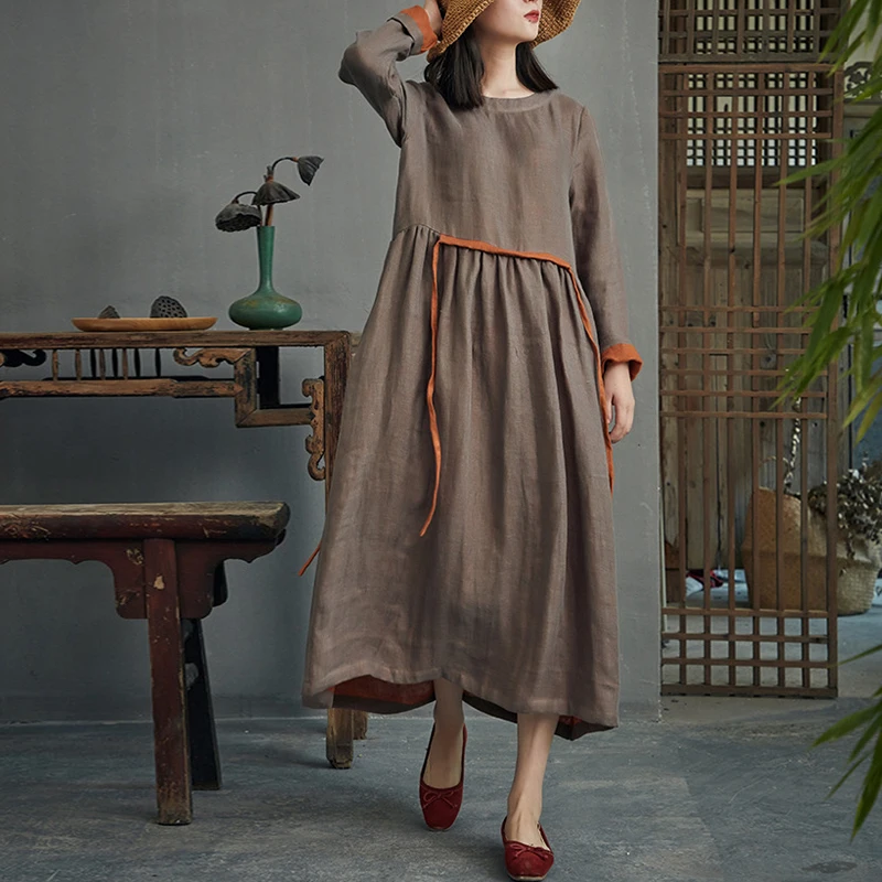 Женское винтажное платье из хлопка и льна Johnature свободное однотонное рами с