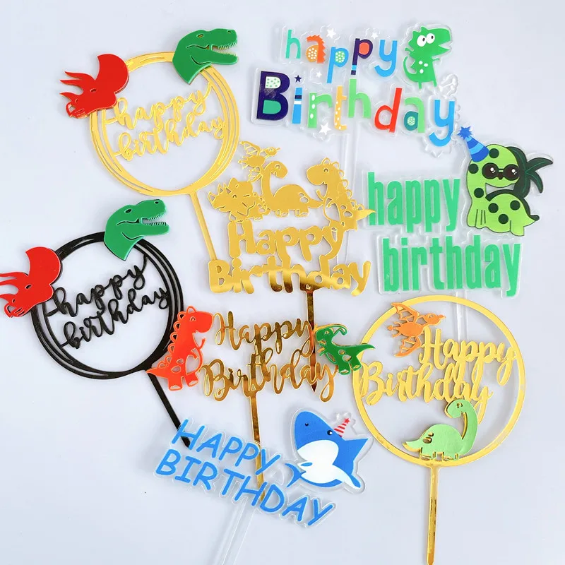 

Colored Flowers Happy Birthday Cake Topper Golden Acrylic Birthday Party Dessert Decoration For Baby Shower Baking Supplies