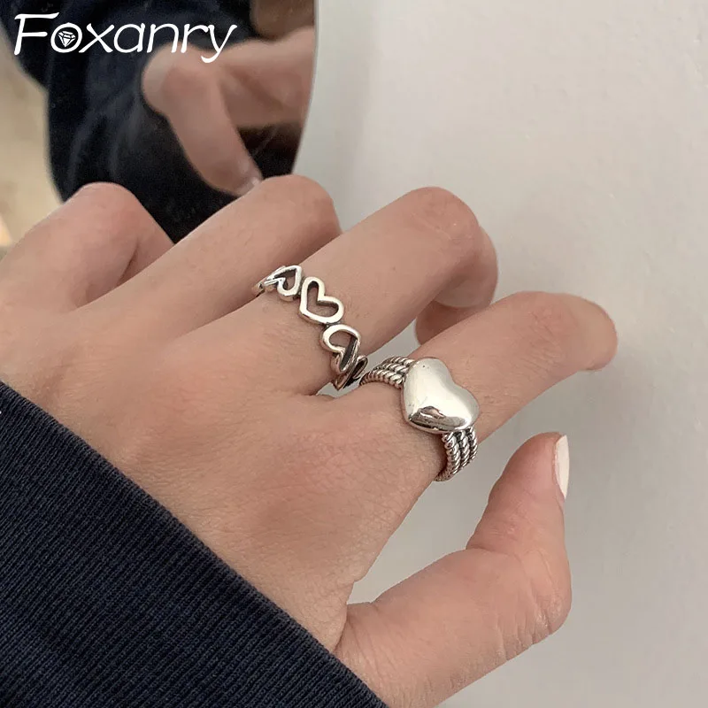 Foxanry-anillos de corazón de amor para mujer y parejas, de Plata de Ley 925, moda Vintage Punk,