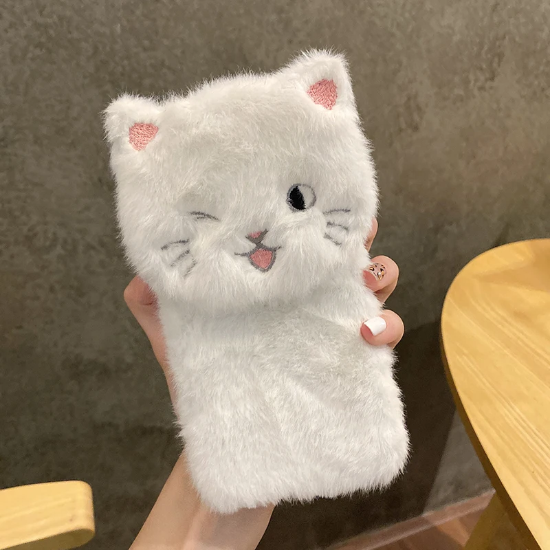 

Cute Stand Plush Cat Phone Case For iphone 12 11 Pro Max X XR XS Max Cartoon Flip Camera protective shell For iphone 6 7 8 Plus