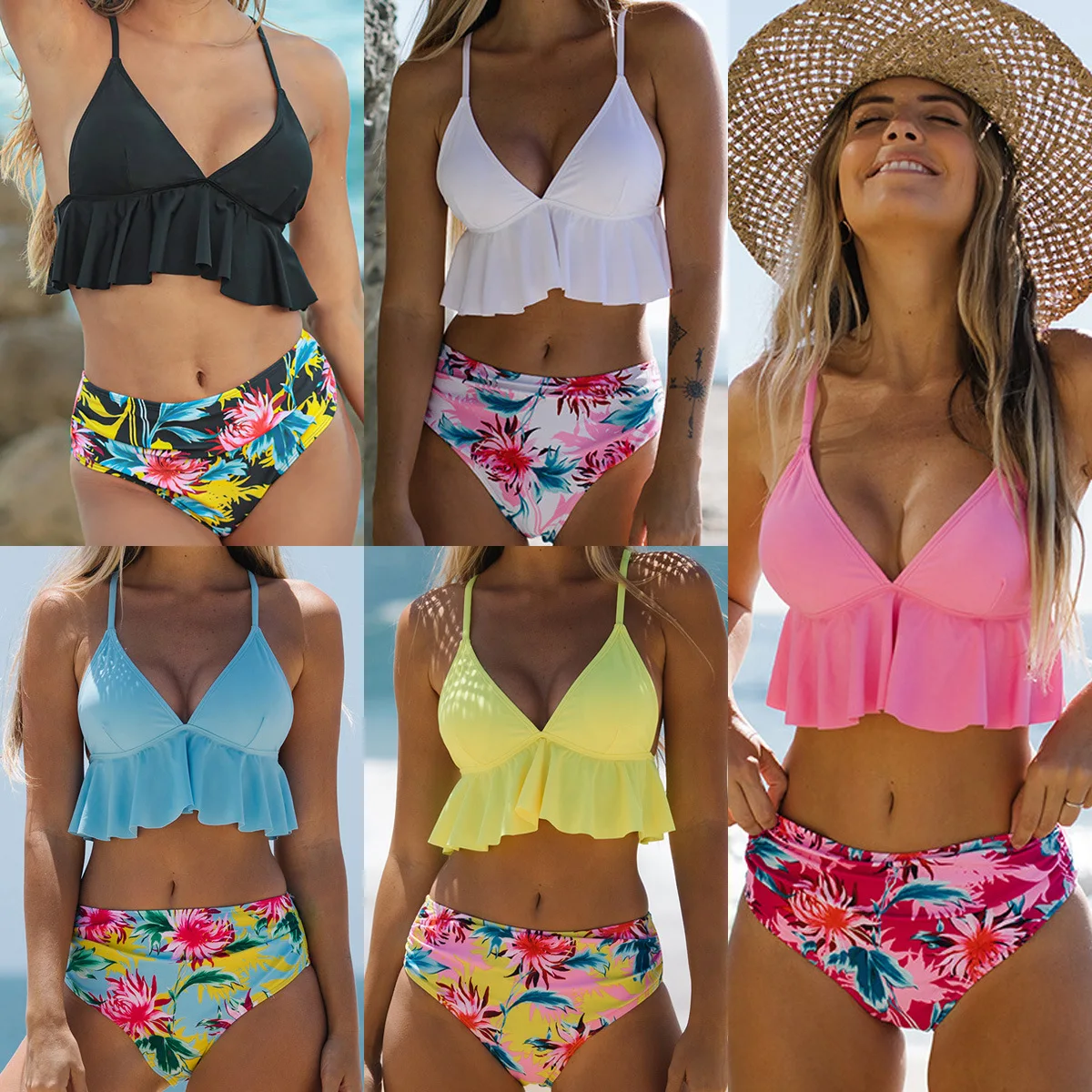 

Sexy Ruffled Bikinis Set Swimwear Women Print Floral Bathing Suit Swimsuits Female Biquini Halter Mid-waist Two Pieces Beachwear