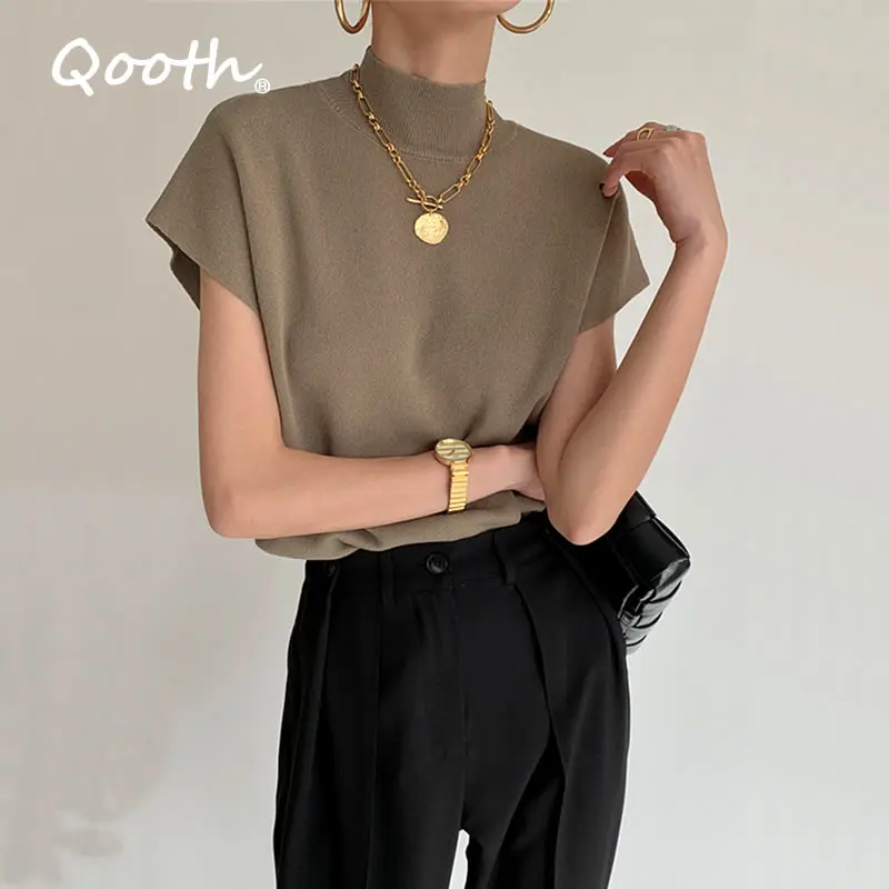 Qooth Solid Stand-up Collar Knitted Vest Short Sleeve Office Lady All Match Fashion Vest Shirt Loose Elegant Straight Tops QT908
