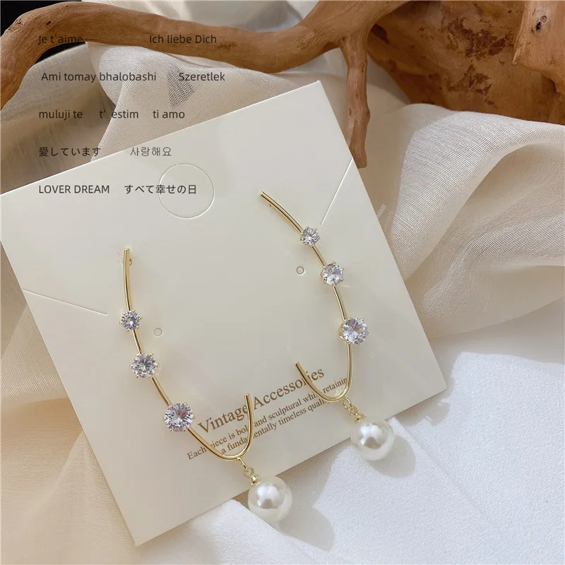 

2020 New Korean Vintage Earrings For Women Hook Rhinestone Earrings With Pearl Geometric Long Drop Earrings Fashion Jewelry