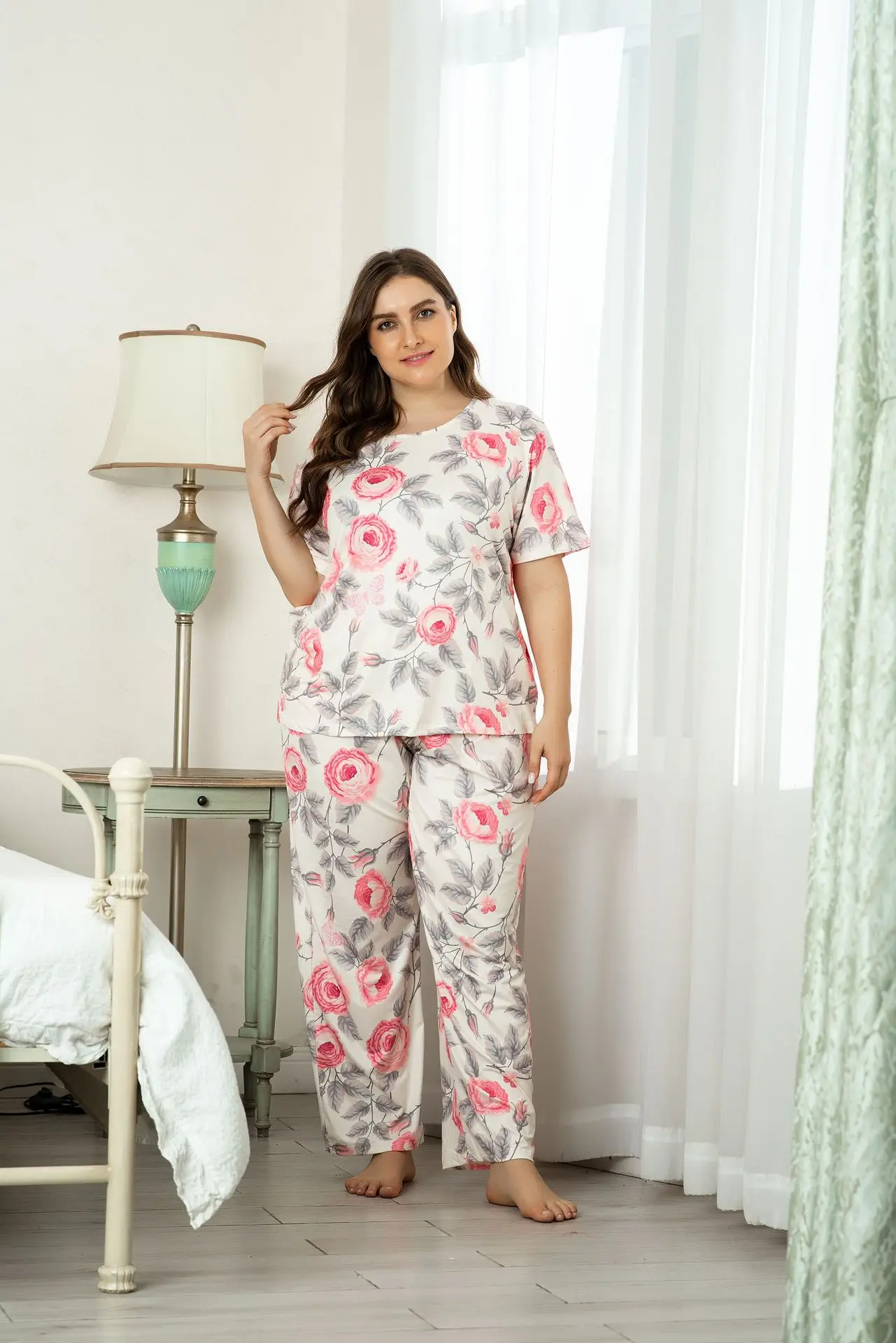 

New 2021 Ladies Summer Plus Size Pajamas For Women Large Short Sleeve Flower T-Shirt And Pants Home Wear Sets 4XL 5XL 6XL 7XL