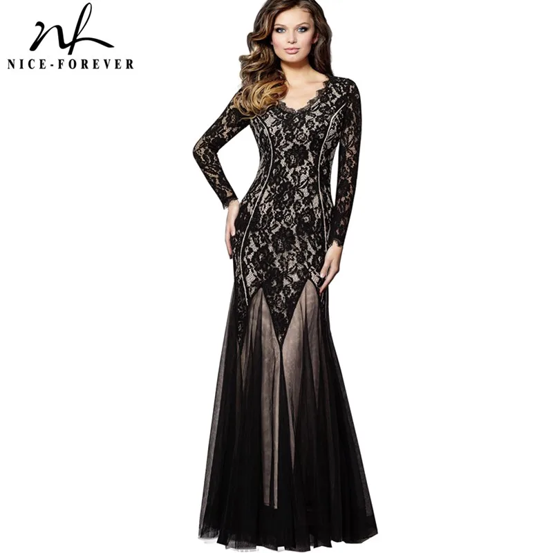 

Nice-forever Autumn Women Elegant Black Lace Patchwork Gown Celebrity Party Bodycon Maxi Long Mermaid Dress BTYA020
