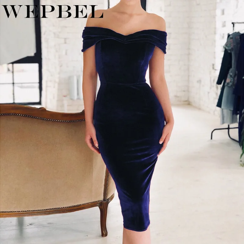 

WEPBEL Women Elegant Spring Off Shoulder Party Dress Ladies Sexy Sleeveless High Waist Slim Fit Velvet Evening Dress
