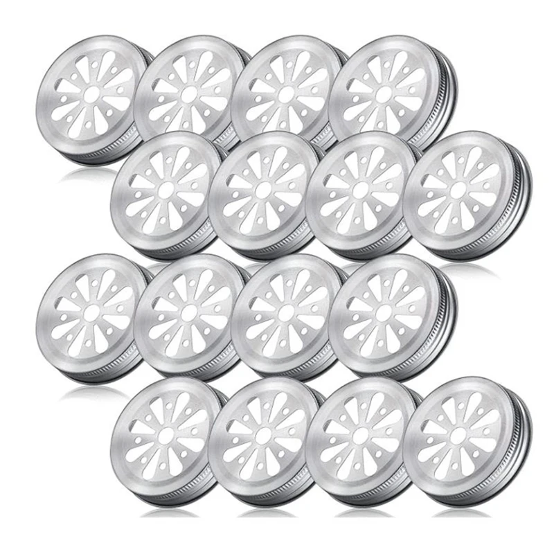 

HOT 16Pcs Regular Mouth Mason Can Jar Lid Rust Proof Daisy Cut With Straw Hole Hollow Flower Cover For Ball,Canning Jars,Etc
