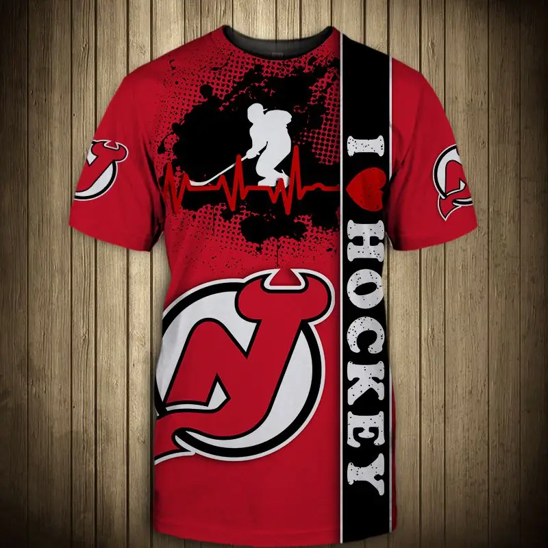 

Summer Casual Tops New Jersey Men's Fashion New White And Red Stitching Curve Dot Print Devils T-shirts Cool Men's Clothing