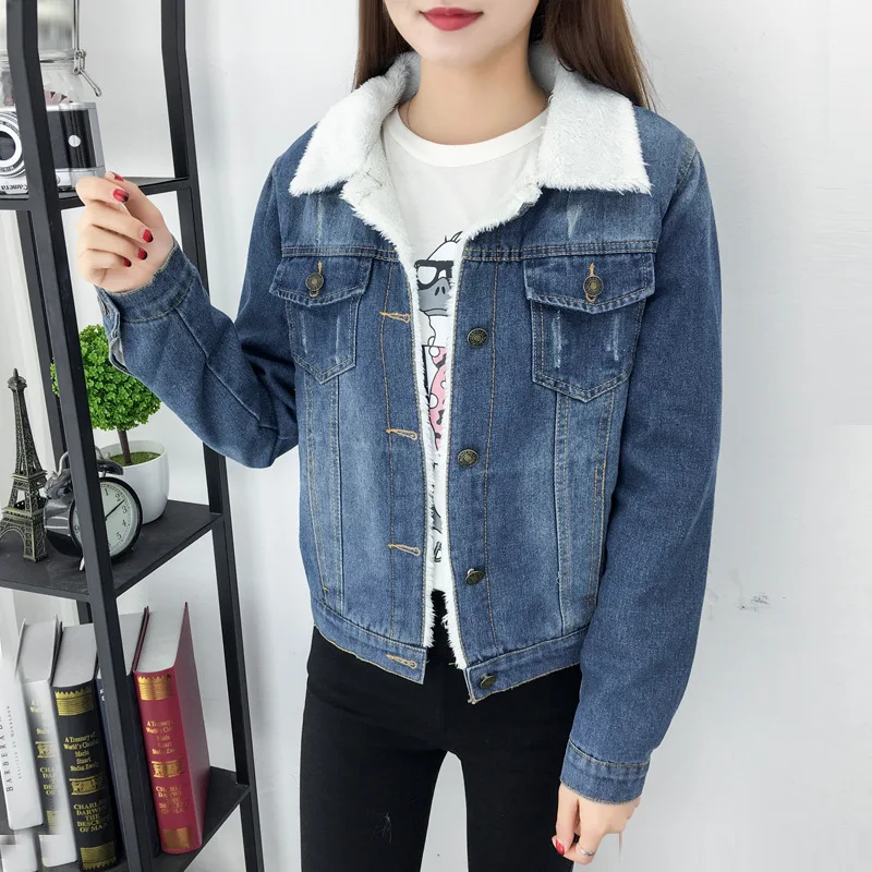 Женская куртка из овечьей шерсти теплая джинсовая с 4 карманами и длинными