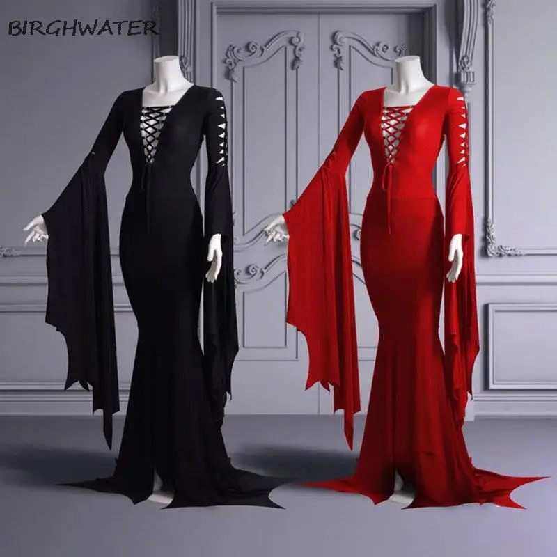 

S-5XL Sexy Witch Ghost Halloween Costume Patry Dresses Gothic Maxi Dress Pagan Pixie Vampire Black Lace Up Gown Robe For Women