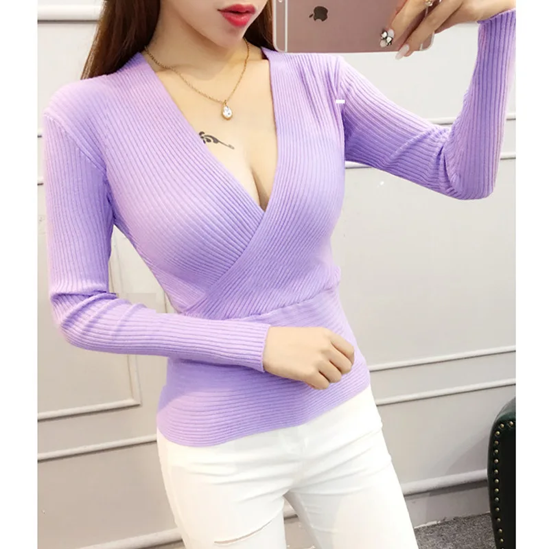 

Lady Spring New Style Club Show Thin Sexy Low Chest V-neck Women's Bottoming Sweater Pullover Fashion Sweater Tight Elastic
