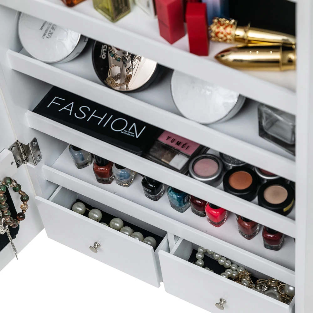 Не полностью зеркальная деревянная настенная 4-слойная полка 2 выдвижных ящика 8