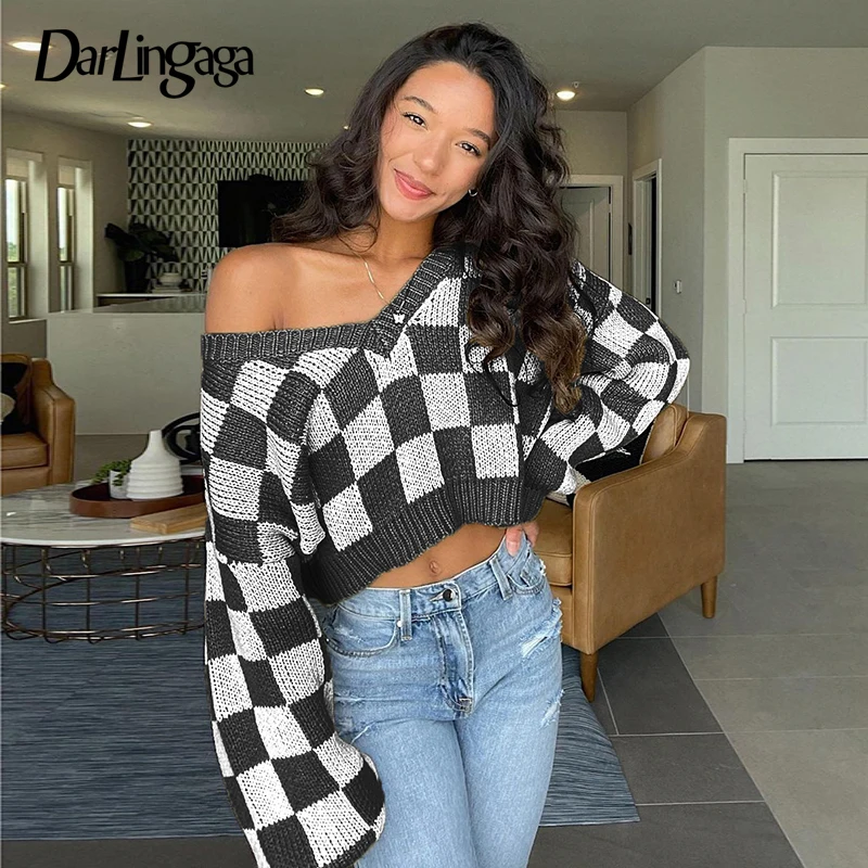 

Свитер вязаный Darlingaga, черный, в клетку, с V-образным вырезом, с длинным рукавом, Осенний